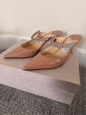 Jimmy Choo Bing 65 Crystal Strap Patent Leather Mules Nude EU 40